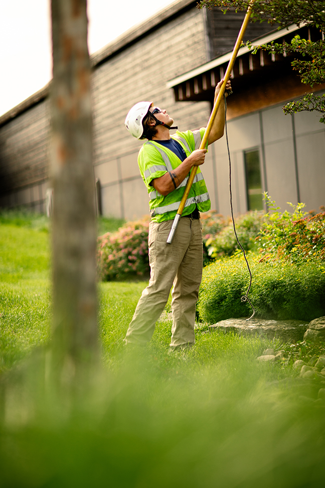 A man standing next to a pole pruning a tree.