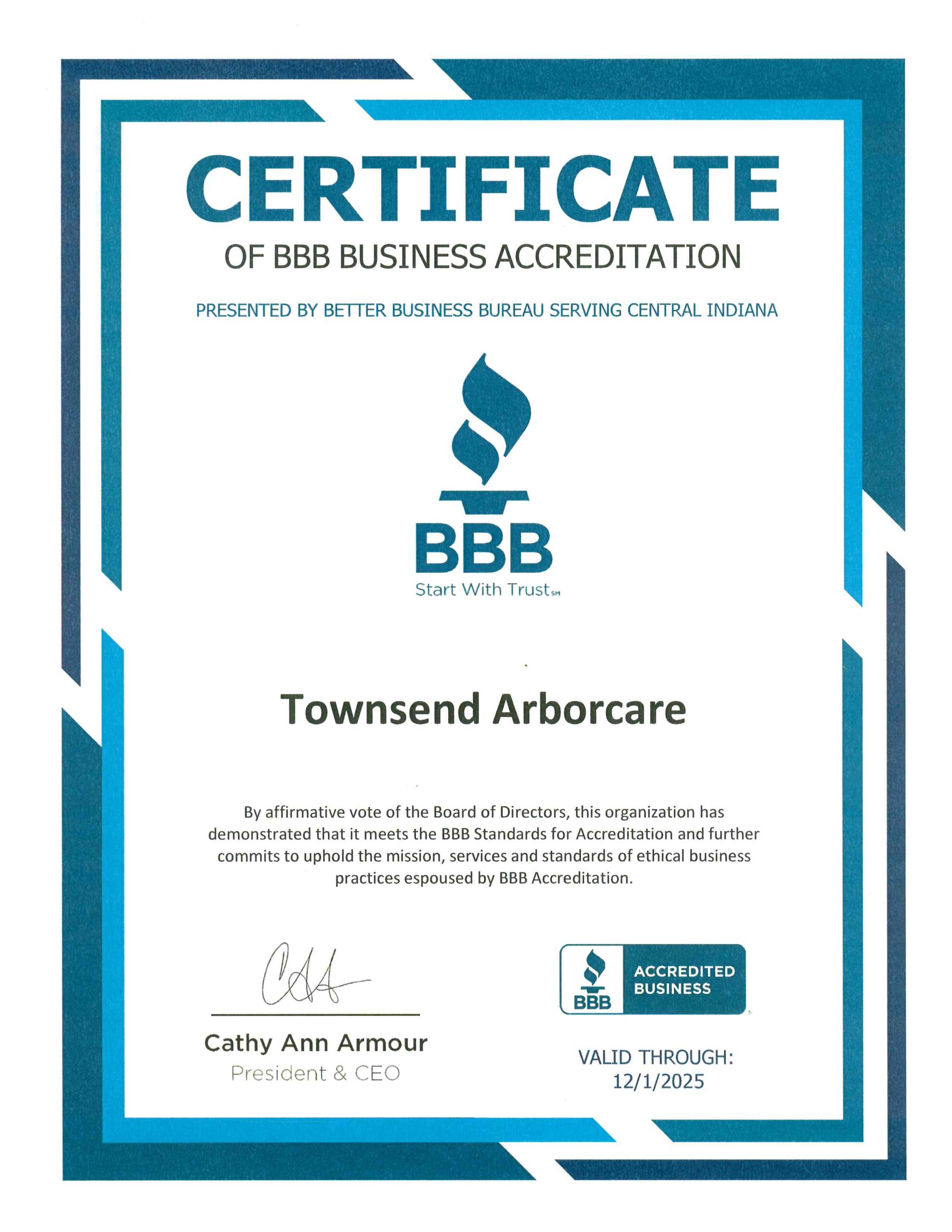 Certificate from the Better Business Bureau