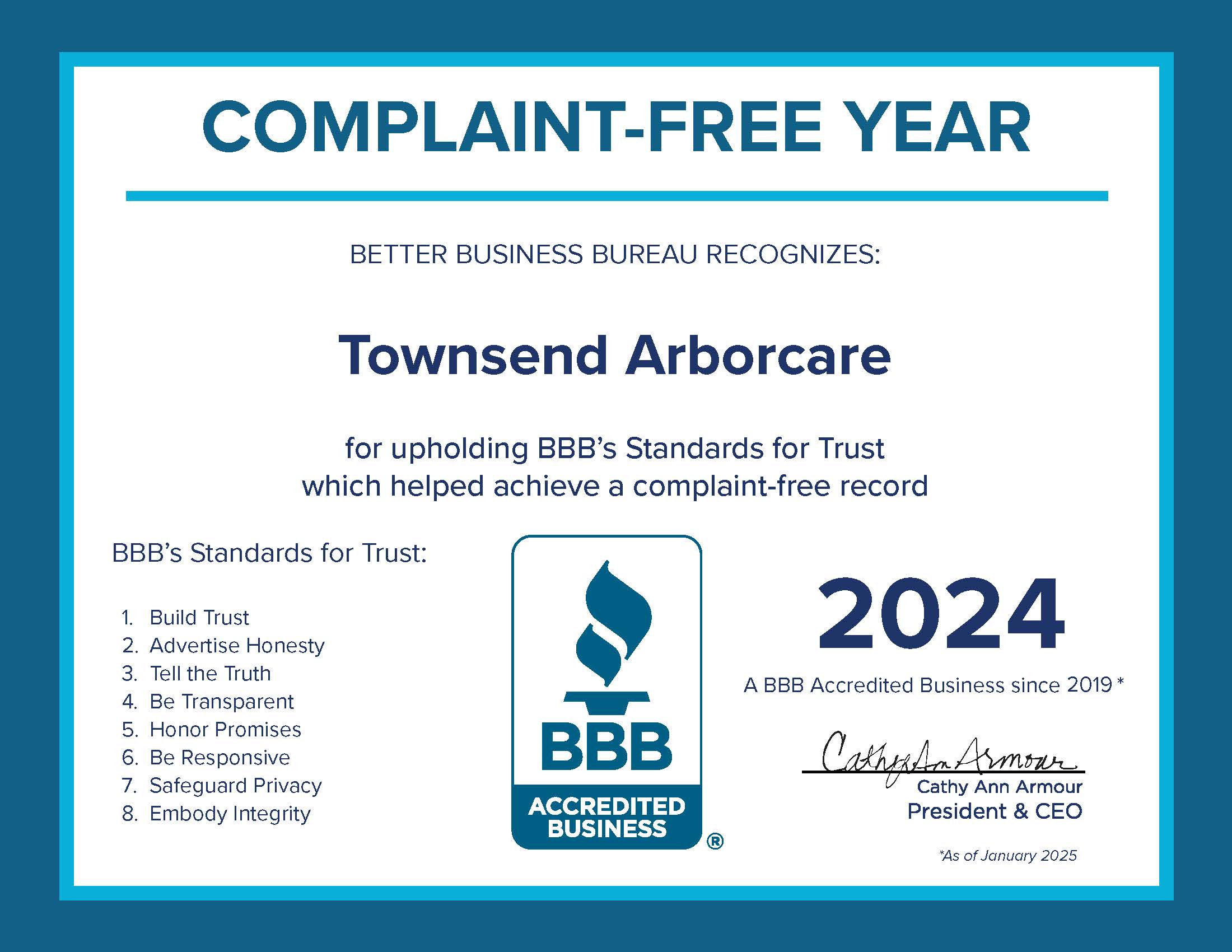 Complaint free certificate from the BBB.